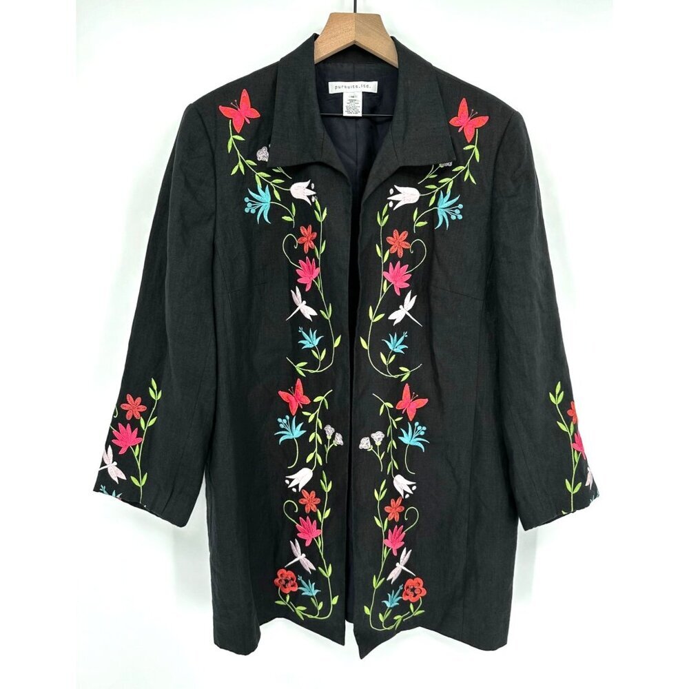 Pursuits linen Blazer Women 16 Black Floral Embroidered Long Sleeve Open Front